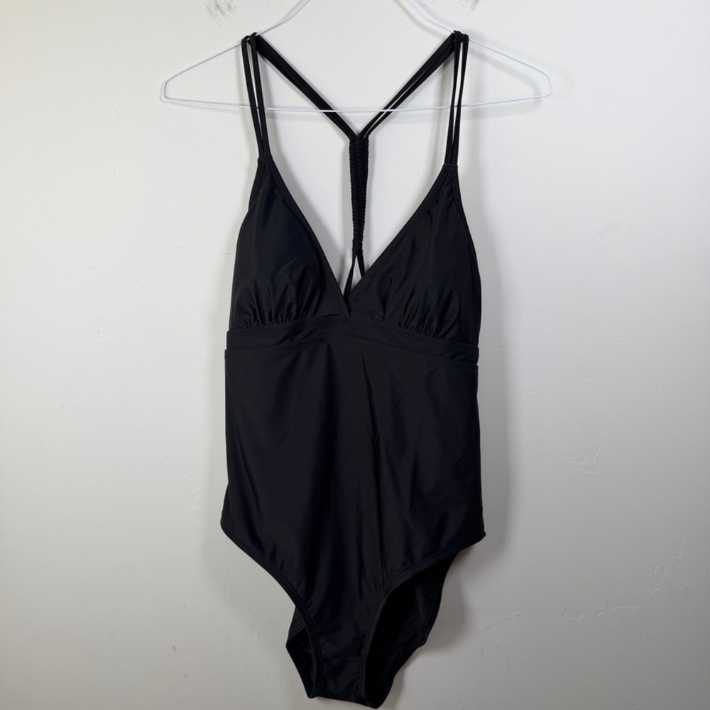 Title Nine Impossible Solid Swimsuit XL Black One Piece 633538 Macrame T-Back